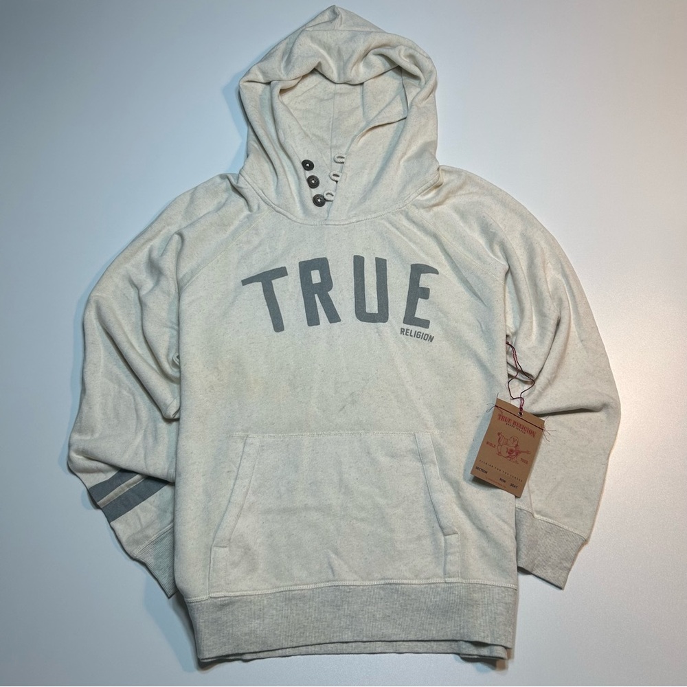 True Religion Men’s Logo College Pullover Hoodie Light Heather Grey Cream